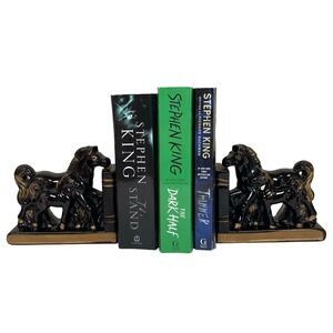 Vintage Redware Shafford Horse‎ Bookends Black Gold MCM Japan Mare Foal Library